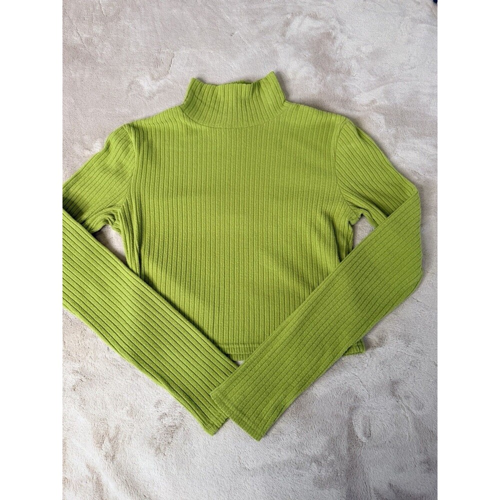 Abound Women’s Green Ribbed Crop Top Turtleneck Long Sleeve Stretch Size Medium